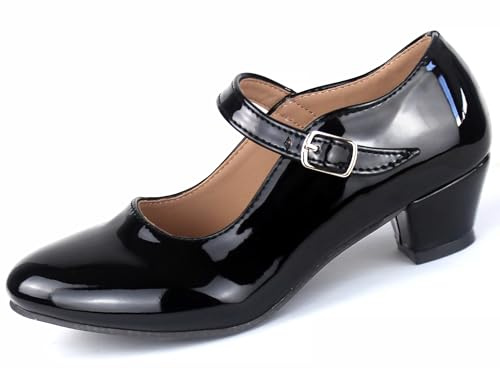 Scarpe Flamenco Bambina per Ballo Danza Sevillanas con Tacco, Cinturino Regolabile, Suola Antiscivolo, Nero Brillante, 31 EU