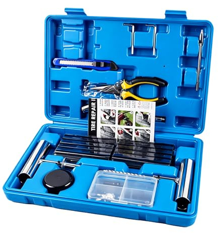 Kit de Réparation de Pneus 68 pièces pour Voiture, Moto, ATV, Jeep, Camion | Outils Universel de kit Meche Pneu Voiture avec Mèches, Outil de Perçage, Aiguille d’Insertion, dépannage, étanchéité