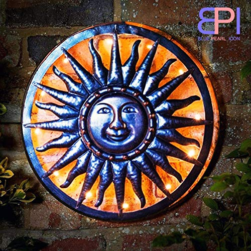 BPIL Solar Powered Metal Sun Garden Ornaments, LED Light, Outdoor Decorative Wall Art for Patio, Balcony, or Garden – Easy Installation, Weatherproof