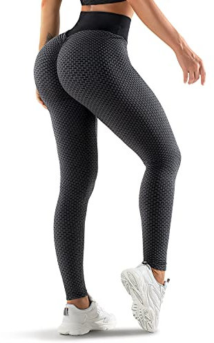 Oielai Tik Tok Damen Sport Leggings, High Waist Push Up Boom Booty Leggings mit Bauchkontrolle, Lange Sporthose Fitnesshose Yoga Leggings für Damen Mädchen, Schwarz/Grau, L