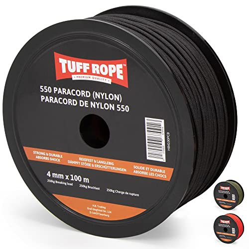 TUFF ROPE® Paracord 550 (Nylon) - 4mm - DAS Starke Seil - Reißfest & Langlebig - 7 Kernfäden - Mehrzweckseil für Outdoor, Haus & Garten in Premium Qualität (Schwarz, 100)