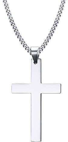 Kreuz Anhänger Edelstahl Kreuzanhänger mit 55cm Halskette für Herren Damen Frauen,silber schwarz gold (silber) (silber) (2.5cm*1.5cm)