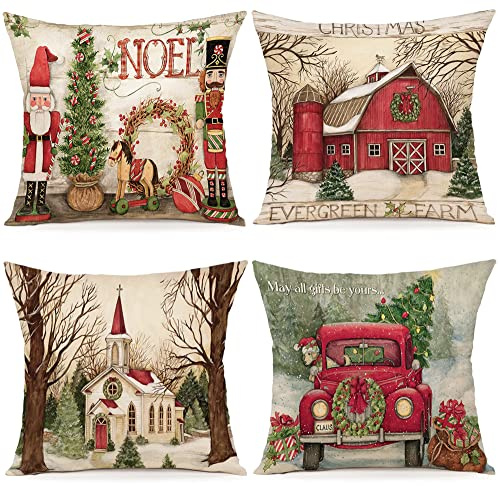 ZWJD Kissenbezug Weihnachten 40x40 4er Set Kissenbezüge Dekokissen Leinen Kissenhüllen für Deko Weihnachten Sofa Schlafzimmer Couch Kissenbezug 40x40 cm