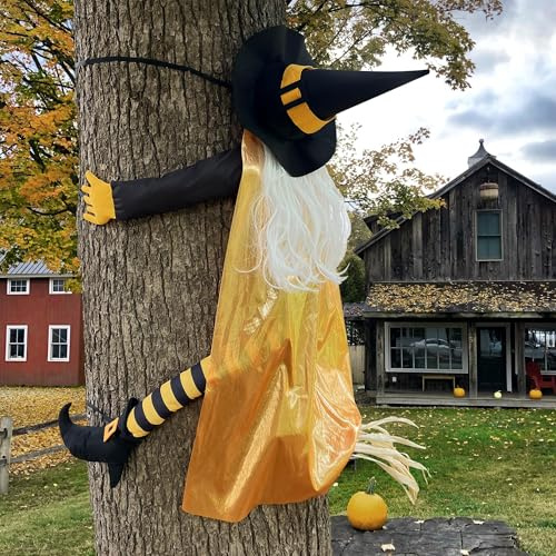 Giiffu Halloween Deko Outdoor- 135cm Hexe Baum Dekoration, Lustige Hexe Gegen Baum für Draußen Garten, Hof, Terrasse, Rasen, Veranda, Zaun, Fenster, Spukhaus, Halloween Ornament