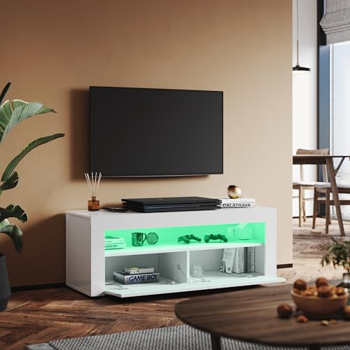 SUNXURY TV Board Weiss Fernsehtisch Lowboard mit 12 Farben LED-Beleuchtung einstellbar 120 x 40 x 45 cm(BxTxH) Weiß Hochglanz TV Schrank Fernsehschrank für Wohnzimmer Schlafzimmer