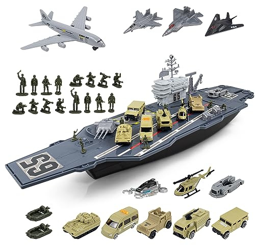 RedCrab Flugzeugträger Spielset, Militär Schlachtschiff Modell Spielzeug mit Militar Auto, Militärflugzeuge, Hubschrauber Spielzeug Panzer und Armee Männer Actionfiguren für Kinder ab 3 Jahre