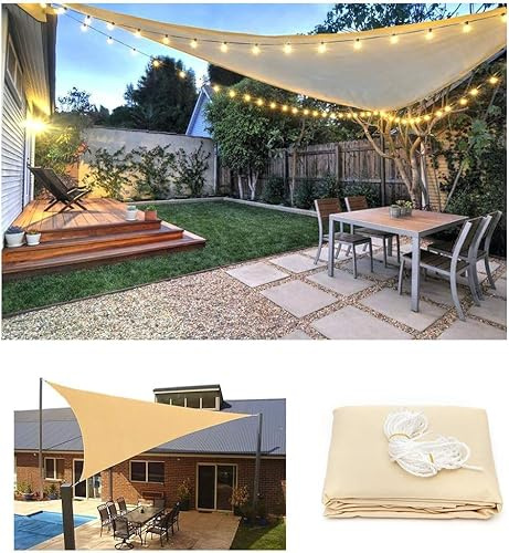 AdeptT Sonnensegel, dreieckig, wasserdicht, mit LED-Lichtern, strapazierfähiger Sonnenschutz, UV-Schutz, für Terrasse, Garten, Terrasse, Strand, Pool, Beige, 5 x 5 x 5 m