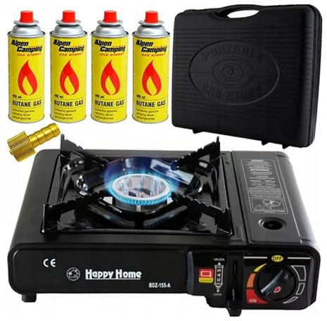 Portable Butane Stove Cooker in Carry Case - 2/4/8/12 Gas Bottle Camping BBQ Kit with Automatic Ignition & Heat Control