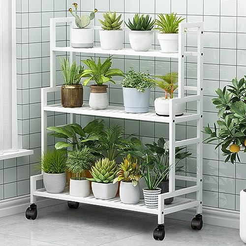 LIGUOYI Metall Blumentreppe Pflanzenregal Mit 3 Ebenen Indoor Outdoor Blumenregal Mit Rädern, Stabiles Stahlgestell Küchenregal Leiterregal Schuhablage Lagerregal Für Garten, Balkon, Wohnzimmer