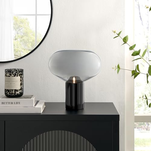 Furniturebox UK Table Lamp - Laura - Modern Desk Table Light - Smoked Glass Globe Shade - Solid Black Marble Base - Minimalist Mid Century Industrial Lighting - Living Room Office or Bedside Lighting
