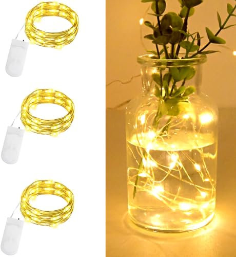 Gcstnn Micro LED Lichterkette, 3 Stück 20LED Drahtlichterkette mit CR2032 Batterie betrieb Auf 2M Silberdraht Wasserdichte für Party, Weihnachten, Halloween, Lichter Flasche Dekoration (Warm Weiß)