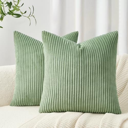 Topfinel Kissenbezüge 35x35 grün Kordsamt 2er Set gestreiftes Muster Kissenbezug Kissenhülle für Dekokissen Sofakissen Couchkissen Dekokissen Zierkissenbezug Deko Kissen Wohnzimmer Schlafzimmer