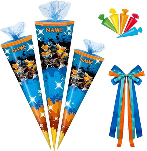 alles-meine.de GmbH Schultüte - mit 3D Glitzer - Effekt ! - Quad Fahrzeug - 50-85 cm - Größe wählbar - inkl. Name + Bänder Schleife + 5 kleine Zuckertüten - Zuckertüte - Tüll A..