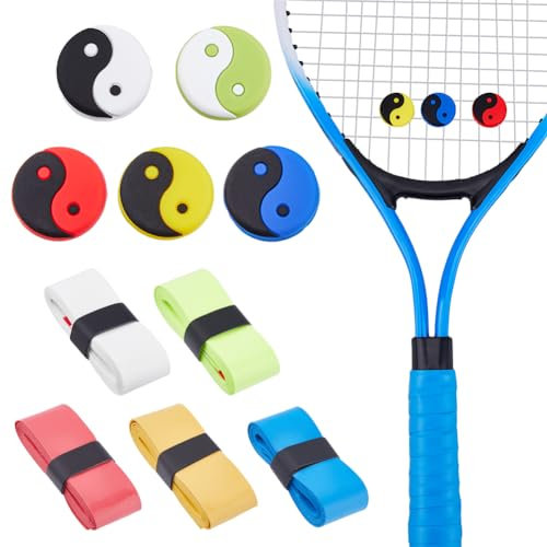SUPERFINDINGS Tennisdämpfer 10 Stück 5 Farben Yin Yang Form Lustige Schläger Stoßdämpfer Aus Silikon Mit 5 Tennisschläger Overgrips 5 Farben PU Leder Tennisschläger Griffbändern