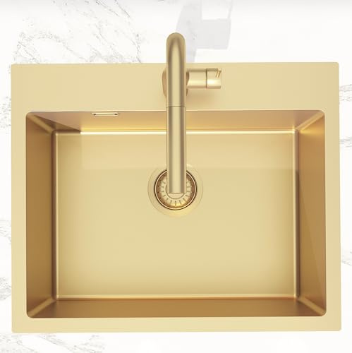 Swiss Aqua Technologies | Timeless Évier de Cuisine Encastrable en Inox 304 | 1 Bac | Dimensions 55x45x21 cm | Finition Or Brossé PVD | Résistant aux Taches et à la Corrosion | Facile à Nettoyer