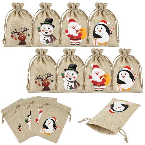Weihnachten Jutesäckchen mit Kordelzug, 12 Stück 10x15cm Säckchen zum Befüllen, Leinensäckchen Kleine Jutebeutel, Sackleinen Taschen Geschenktüten für Hochzeit, Party, Schmuckbeutel