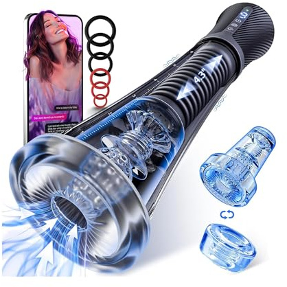Male Masturbator Penis Pump - Transparent Visual Male Sex Toys for Men, APP Control Vibrating Spring & Power Suction with 2 Replaceable Sleeves & 6 Penis Rings for Masturbation Glans Trainer