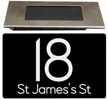 Personalised House numbers plaques with Solar Light – Modern & Durable Aluminium Composite Address Plate, Waterproof Door Number Plaques for Wall, Night Visibility House Numbers Sign- Black, 280X160MM