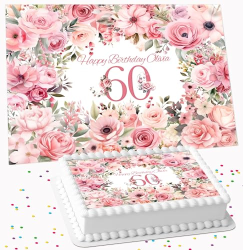 PINK ROSE FLOWER BIRTHDAY PERSONALISED ICING EDIBLE LARGE CAKE TOPPER DECORATION SUITABLE FOR USE ON COSTCO CAKE R1-244