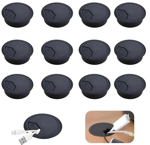 Pasacables para escritorio, 12 unidades, color negro, pasacables de plástico para escritorio, 60 mm, para escuela, oficina, hogar, organizado