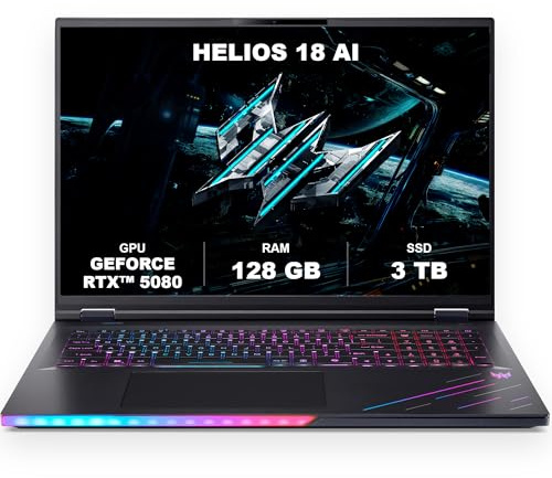 Acer Predator Helios 18 AI | Gaming Laptop | Core Ultra 9 | RTX 5080 | 18 WQXGA Mini LED 250Hz | Core Ultra 9 275HX | RTX 5080 16GB | 128GB DDR5 | 3TB SSD | Windows 11 Home