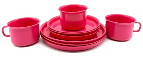 Geschirr-Set Frühstücksset, Kaffeeservice, Besteht aus je 3 Tassen, Untertassen und Teller, aus Kunststoff, Mehrweggeschirr, 9-teilig, Farbe Fuchsia