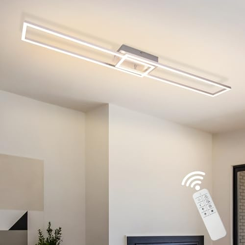 Homefire LED Deckenlampe Wohnzimmer Dimmbar 100cm: 36W Silber Deckenleuchte | mit Fernbedienung 3000-6500K Lang Modern Design Schlafzimmerlampe aus Metall mit Memory Funktion für Küche flur