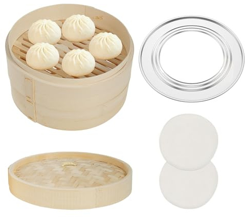 Deuson 2 Etagen Bambusdämpfer,Ø 25cm,Bambus Dampfgarer mit Deckel,Dumpling Steamer,Asiatischer Dämpfkorb mit 2 Baumwolltüchern,für Reis,Dim Sum,Gemüse,Fisch Fleisch Dumpling(Protokollfarbe)