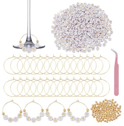 HOBBIESAY 56 Sets Weinglas Anhänger Set 600 Weiße Buchstabenperlen 120 Gold Spacer Perlen 1 Pinzette Personalisierbares DIY-Set Für Partys Hochzeiten Veranstaltungen Zubehör