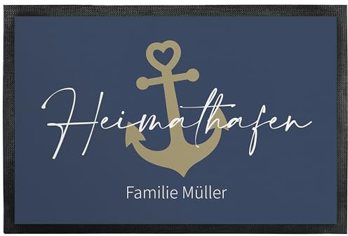 Deko-Fußmatte 50x35 cm „Heimathafen“ personalisiert mit Wunschtext - extra dünne Türmatte mit rutschfester Rückseite & Velours-Oberfläche - Deko-Matte für Flur & Wohnung - Geschenk zum Einzug