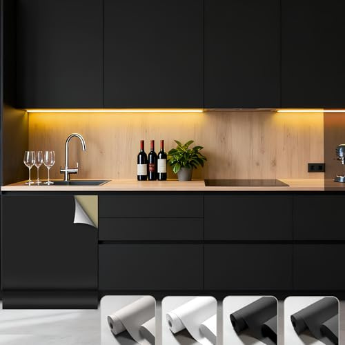 Pellicola Adesiva Per Mobili Nero, Carta Adesiva Per Mobili, 40x550 cm Carta da Parati Autoadesiva Impermeabile, Rotolo Adesivo, Rivestimento Adesivo Decorativa Per Cucina Armadio Armadio Porta