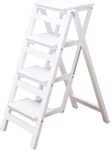 Scaletta pieghevole in legno a 4 gradini per cucina ed esterni, design multifunzionale, robusta capacità di 150 kg, antiscivolo, scalini larghi, salvaspazio, colore bianco.