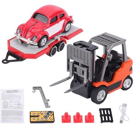 Luocute 1/64 Scala RC Auto, Gru a Carrello Elevatore con Rimorchio per Adulti per Bambini, Veicolo di Costruzione RC in Lega da 2,4 GHz con Suoni di Luci, Doppio Controllo, Nessun Gruppo (Vermiglio)