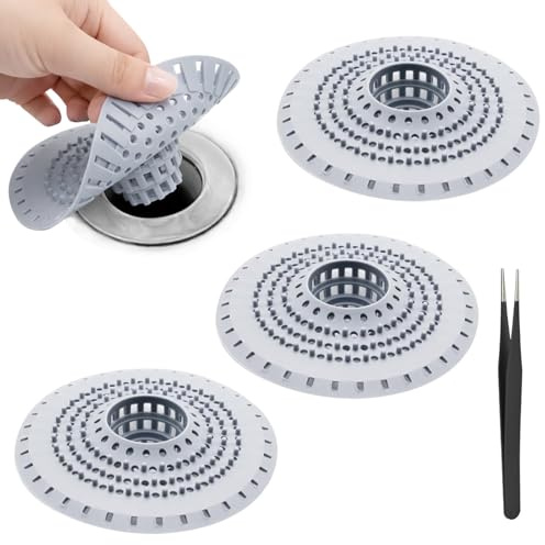 ikBrtaiay 3 Stück Abflusssieb Silikon, 12cm Silikon Abflusssieb Dusche Grau mit 1 Pinzette, Haarsieb Dusche, Duschabfluss Haarfänger, Duschsieb Abfluss Haare für Küche Waschbecken Dusche Badewanne