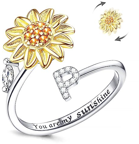 LucBuy Zappelringe für Damen, Silberner Buchstaben Sonnenblumen Spinner Fingerring, Verstellbare Größe Stapelbar Stressabbau Anti-Angst Ring, Innenseite mit ‘You Are My Sunshine’ Graviert Schmuck (P)