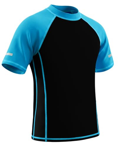 Hoseay Maglietta Bagno Ragazzi, Protezione Solare Top da Nuoto Manica Corta con Strisce Riflettenti, Elastico Traspirante Maglia Rash Guard Piscina Surf per Bambini 11-12 Anni, Nero Blu