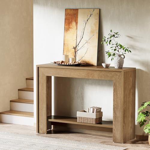 Tribesigns Mesa consola estrecha de 105 cm con espacio de almacenamiento abierto de 2 niveles, mesa de sofá detrás del sofá, mesa de consola rústica para salón, pasillo, vestíbulo, nogal claro