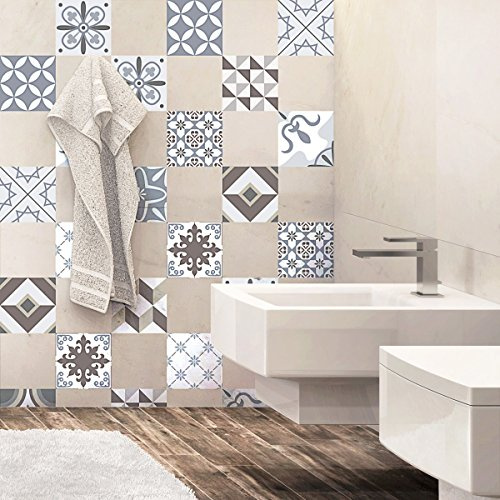 Ambiance Sticker Adhésifs Carrelages Autocollant Ornements Délicats Carreaux de Ciment Carrelage Sticker Mural Salle de Bain et Cuisine | 24 Pièces de 20 x 20 cm