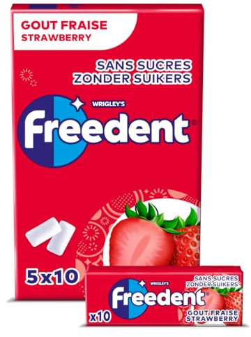 FREEDENT - Chewing Gum Sans Sucre - Goût Fraise - 5 Paquets de 10 Dragées - 70g