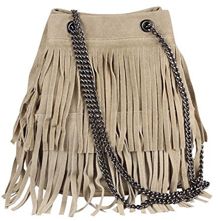 OBC Made in Italy Damen Leder Tasche Fransen Shopper Kettentasche Beutel Wildleder Handtasche Umhängetasche Bucket Bag Schultertasche Ledertasche (Taupe 20x25x19 cm)