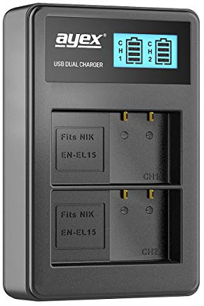 ayex USB Dual Ladegerät Kompatibel mit Nikon EN-EL15 Akkus für zB Z7 II Z6 II Z5 D850 D780 D750 D600 Lädt per USB-C zB an Laptop & Powerbank mit LCD-Ladestandanzeige