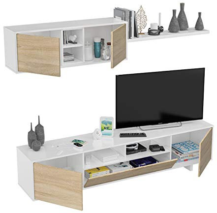 PEGANE Ensemble TV Coloris Blanc Brillant/Chêne Canadien - Dim : 200 x 41 x 46 cm