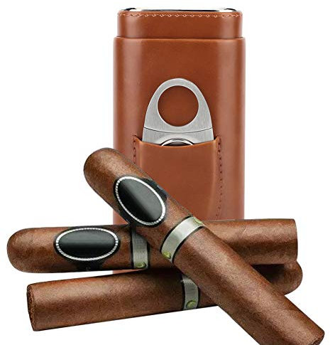 Garosa Humidor Portatile in Legno di Cedro per Sigari – Custodia in Pelle da Viaggio con 3 Tubi, Supporto e Taglierina in Acciaio Inox (Marrone)