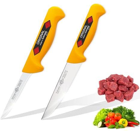 EIKASO Solingen Metzgermesser Set 2tlg, von Profis - für Profis und Privat Ausbeinmesser Fleischmesser aus 1.4116 Molybdänstahl, rostfrei, Handabzug, gelbe extra rutschfeste Polypropylengriffe