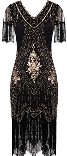 MISSCHEN Dam 1920-talet art deco fransad paljettklänning Gatsby kostym klänning med ärm YLS018, Svart guld, S