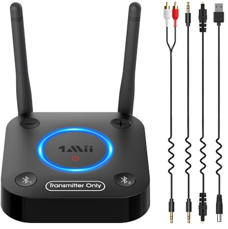 1Mii Trasmettitore Bluetooth 5.2 per TV a 2 Cuffie Bluetooth, Adattatore Audio Wireless TV con Controllo Volume, Ingresso Ottico, Coassiale, AUX, RCA, AptX Bassa Latenza, Lungo Raggio 60m