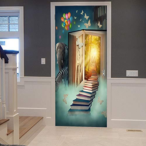 A.Monamour Türtapete Selbstklebend Türfolie Türposter 3D Fantasie Haus Buch Treppen Schloss Elefant Zebra Schmetterlinge Vinyl Folie Türdeko Tapete Wandbild Türaufkleber Türtattoo 90 x 200 cm