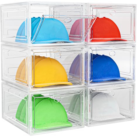 YKLSLH Boîte de rangement pour chapeaux, 6 boîtes pour 40 chapeaux, organiseur de chapeaux en plastique solide plus dur pour casquettes de baseball, rangement transparent avec porte magnétique,