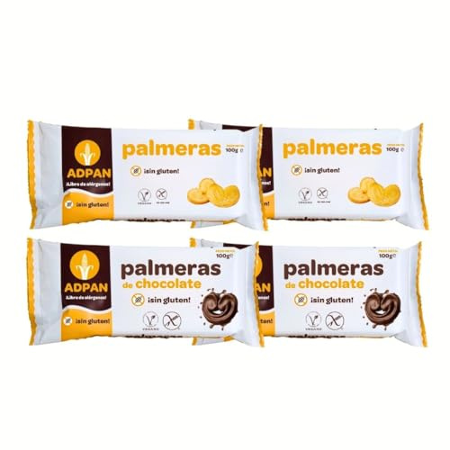 ADPAN Palmiers sans gluten - Palmiers au chocolat et traditionnels, pâte feuilletée croustillante, sans lactose, convient aux cœliaques et aux végétaliens - Lot de 2 paquets par saveur 400g