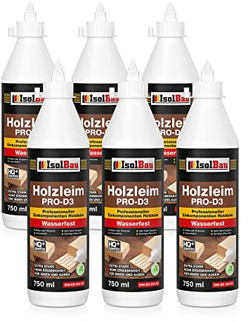 Isolbau Holzleim PRO-D3-6 x 750 ml (860 g) Extra starker Holzkleber für alle Holzarten, für Innen & Außen, Wasserfest, Lösemittelfrei